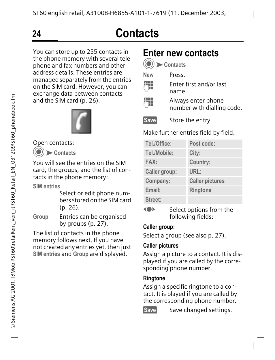 Contacts, Enter new contacts, P. 24 | Siemens ST60 User Manual | Page 24 / 89