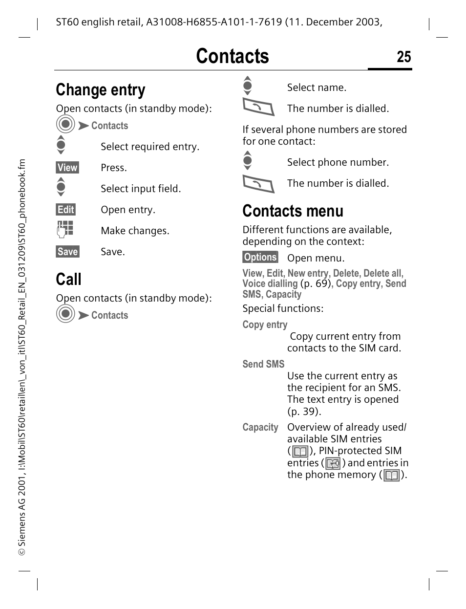 Change entry, Call, Contacts menu | Contacts | Siemens ST60 User Manual | Page 25 / 89