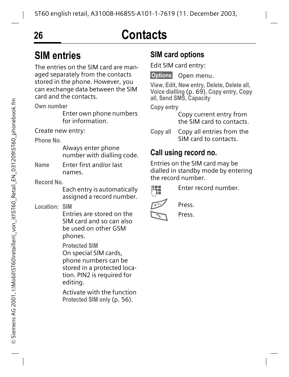 Sim entries, Sim card options, Call using record no | P. 26, Rd (p. 26), P. 26), Contacts | Siemens ST60 User Manual | Page 26 / 89