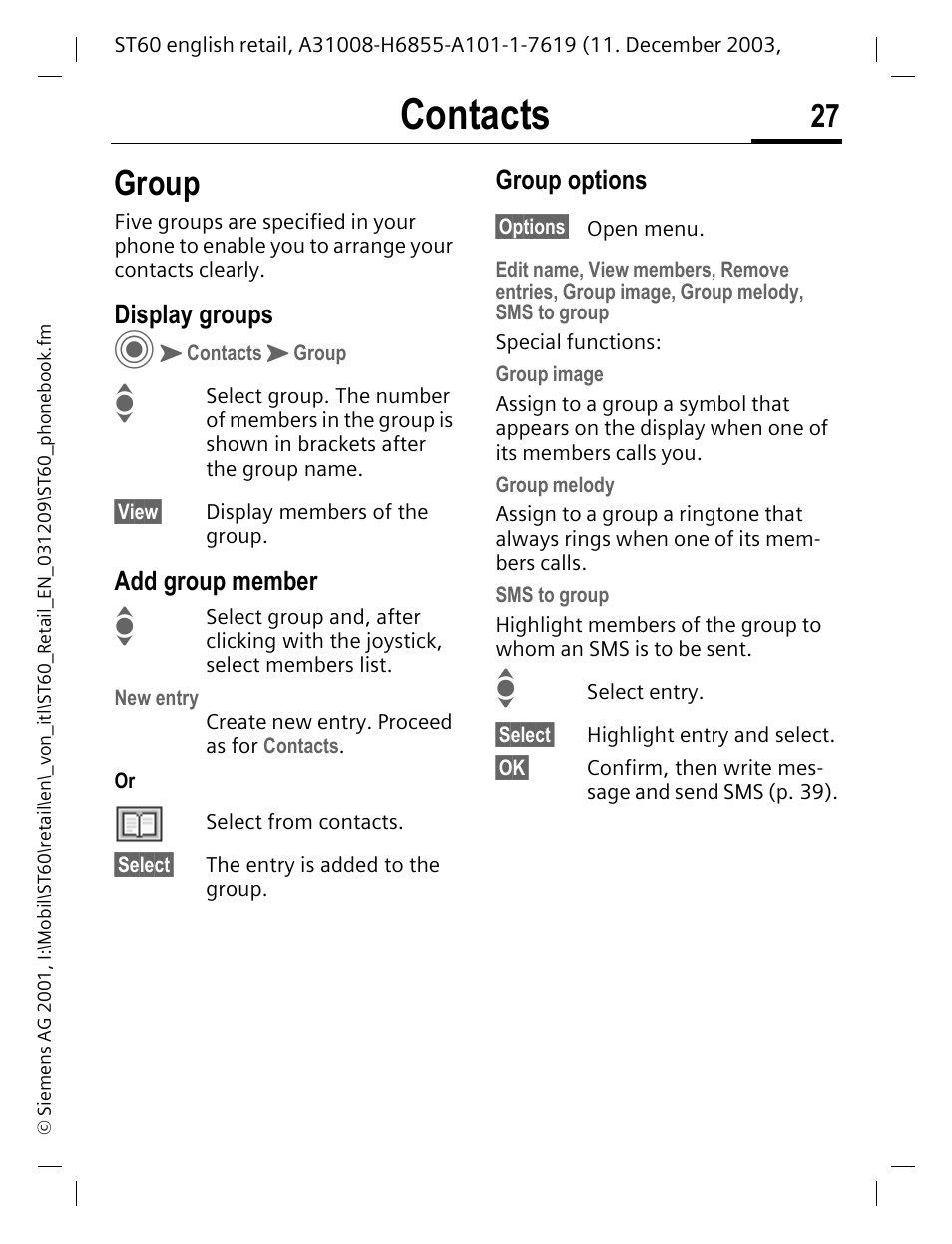 Group, Display groups, Add group member | Group options, By groups (p. 27), P (see also p. 27), Contacts | Siemens ST60 User Manual | Page 27 / 89