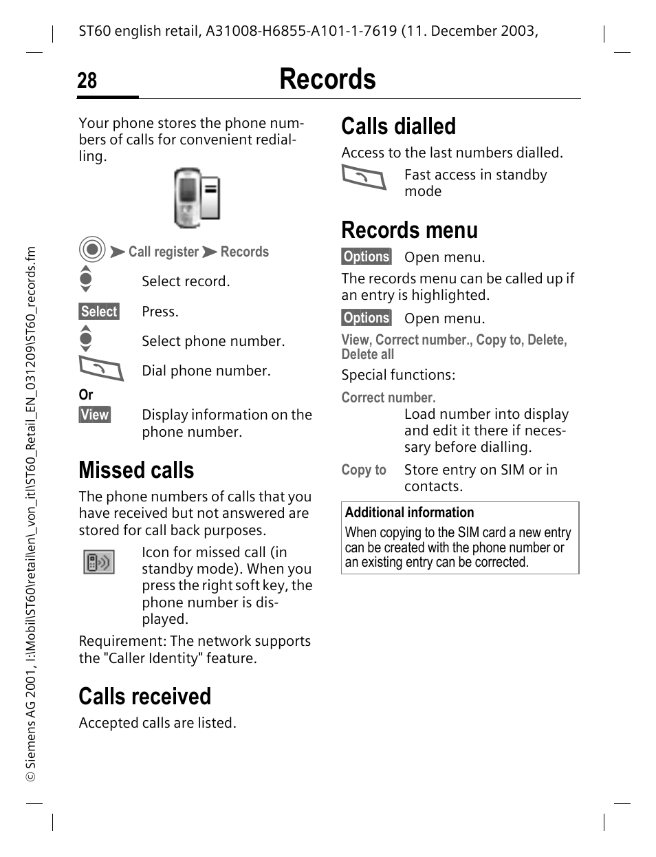 Records, Missed calls, Calls received | Calls dialled, P. 28, Records menu | Siemens ST60 User Manual | Page 28 / 89