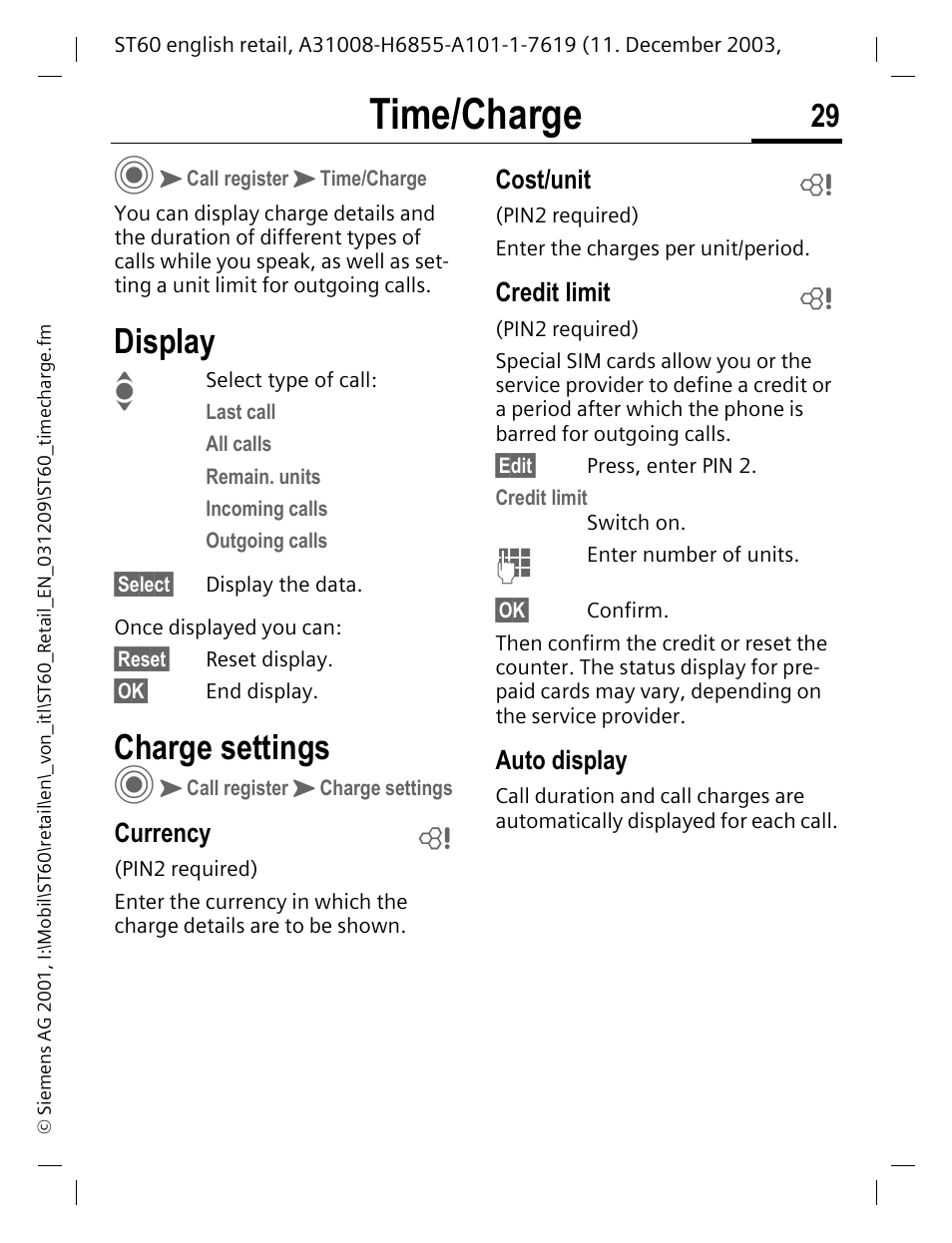 Time/charge, Display, Charge settings | Currency, Cost/unit, Credit limit, Auto display | Siemens ST60 User Manual | Page 29 / 89