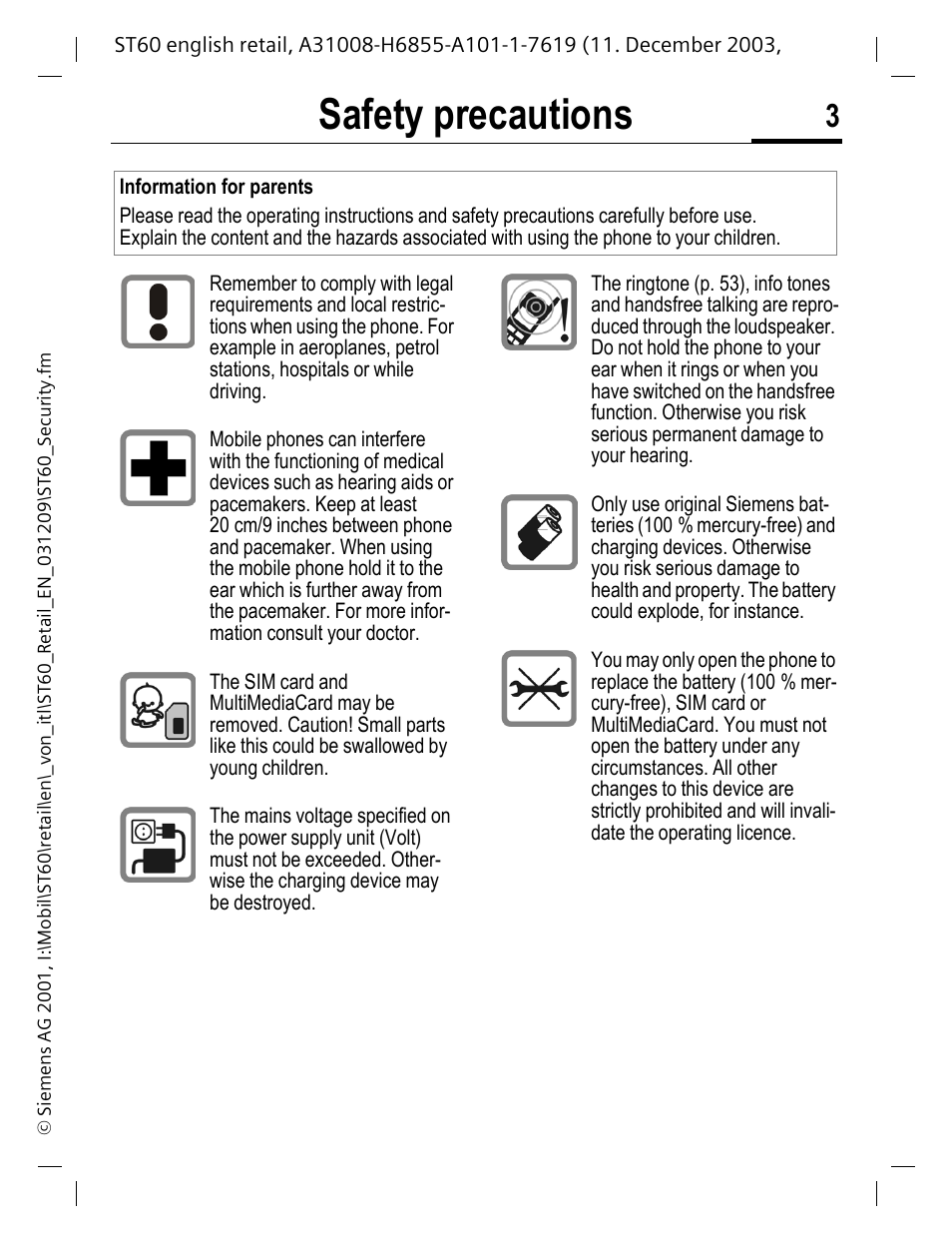 Safety precautions | Siemens ST60 User Manual | Page 3 / 89