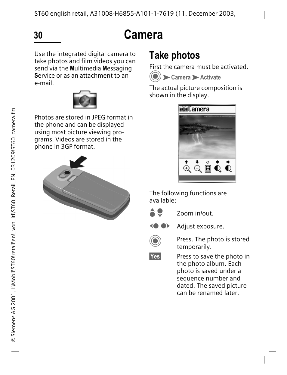 Camera, Take photos | Siemens ST60 User Manual | Page 30 / 89