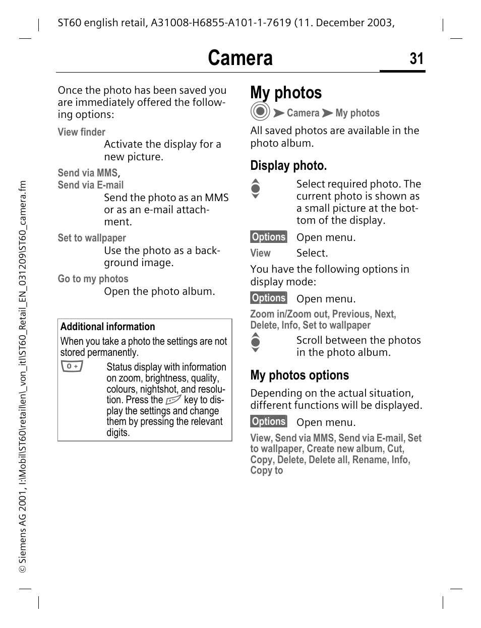 My photos, Display photo, My photos options | Camera | Siemens ST60 User Manual | Page 31 / 89