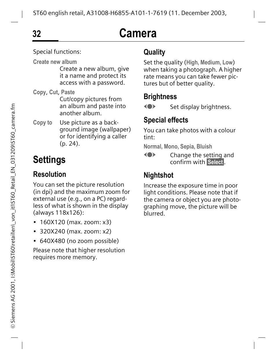 Settings, Resolution, Quality | Brightness, Special effects, Nightshot, Camera | Siemens ST60 User Manual | Page 32 / 89