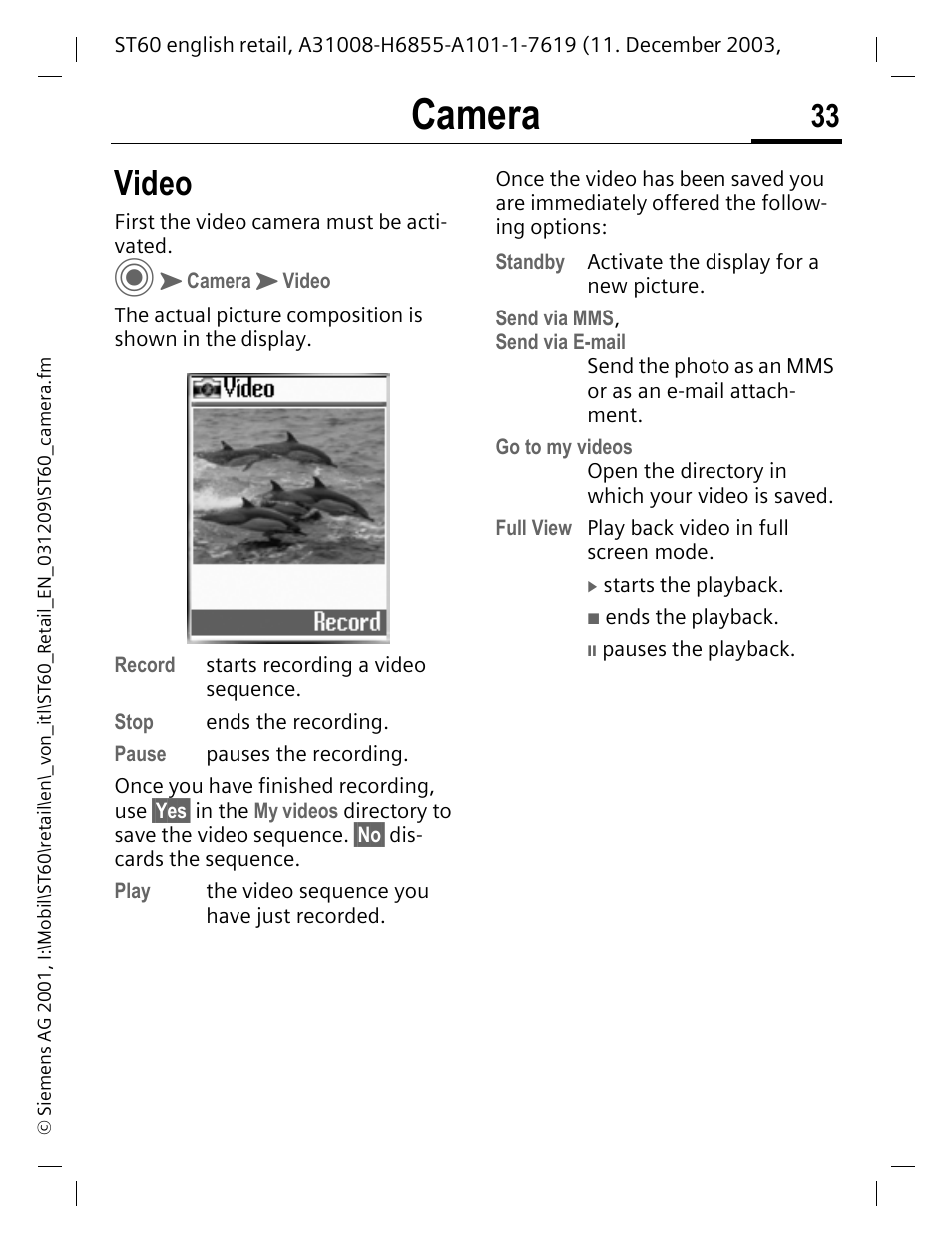 Video, Camera | Siemens ST60 User Manual | Page 33 / 89