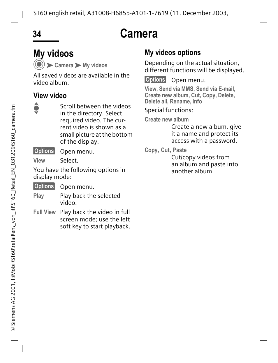 My videos, View video, My videos options | Camera | Siemens ST60 User Manual | Page 34 / 89