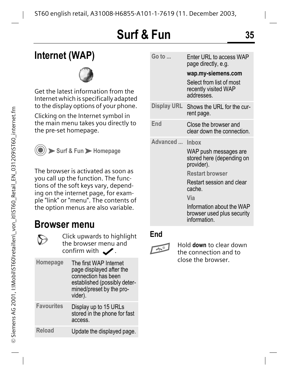 Surf & fun, Internet (wap), Browser menu | Siemens ST60 User Manual | Page 35 / 89