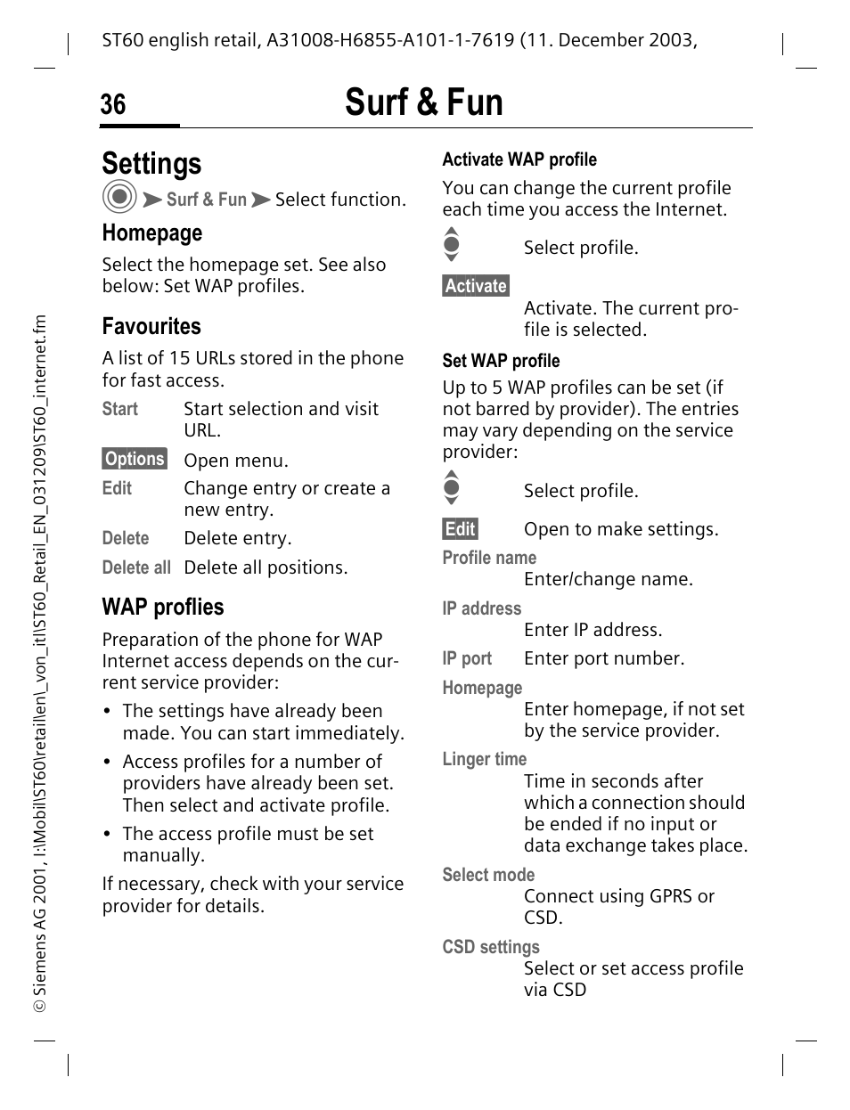 Favourites, Wap proflies, Surf & fun | Settings, Homepage | Siemens ST60 User Manual | Page 36 / 89