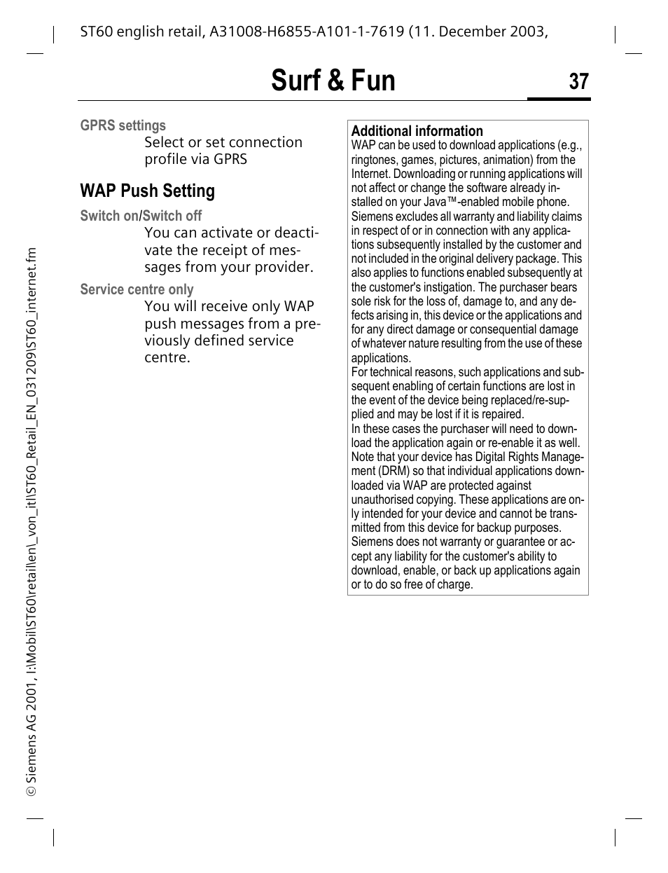 Wap push setting, Surf & fun | Siemens ST60 User Manual | Page 37 / 89