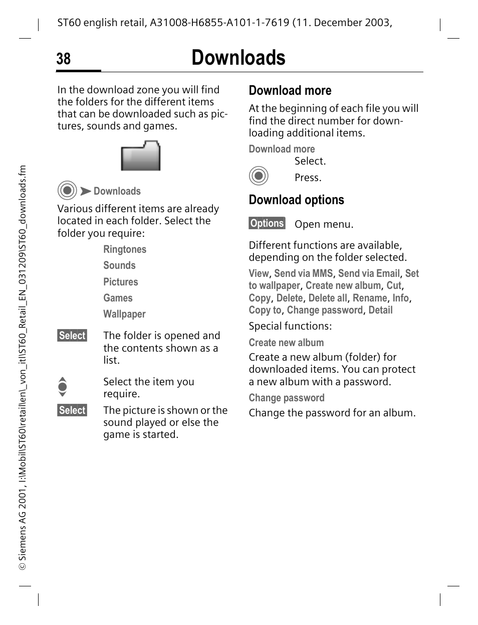 Downloads, Download more, Download options | Siemens ST60 User Manual | Page 38 / 89