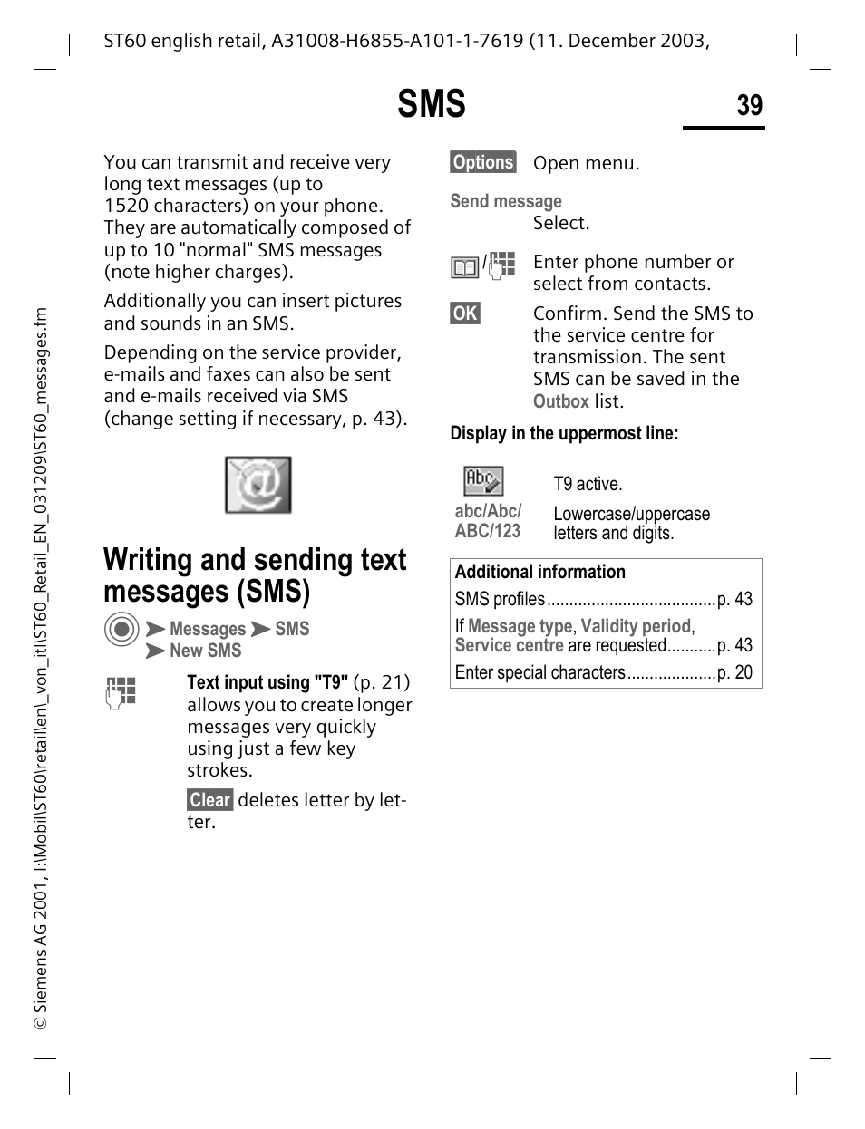 Writing and sending text messages (sms), P. 39) | Siemens ST60 User Manual | Page 39 / 89