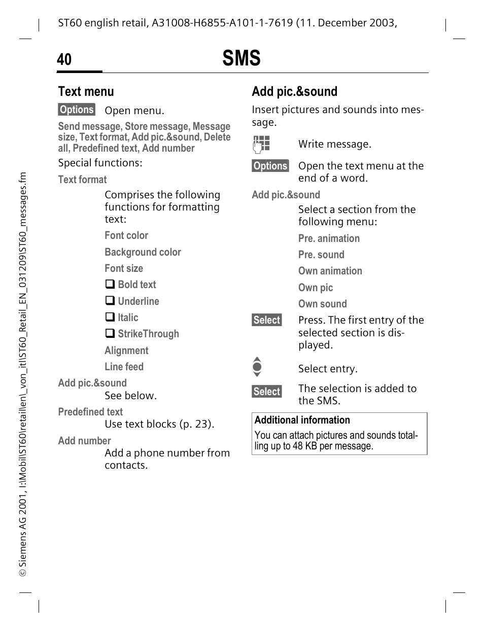 Text menu, Add pic.&sound | Siemens ST60 User Manual | Page 40 / 89