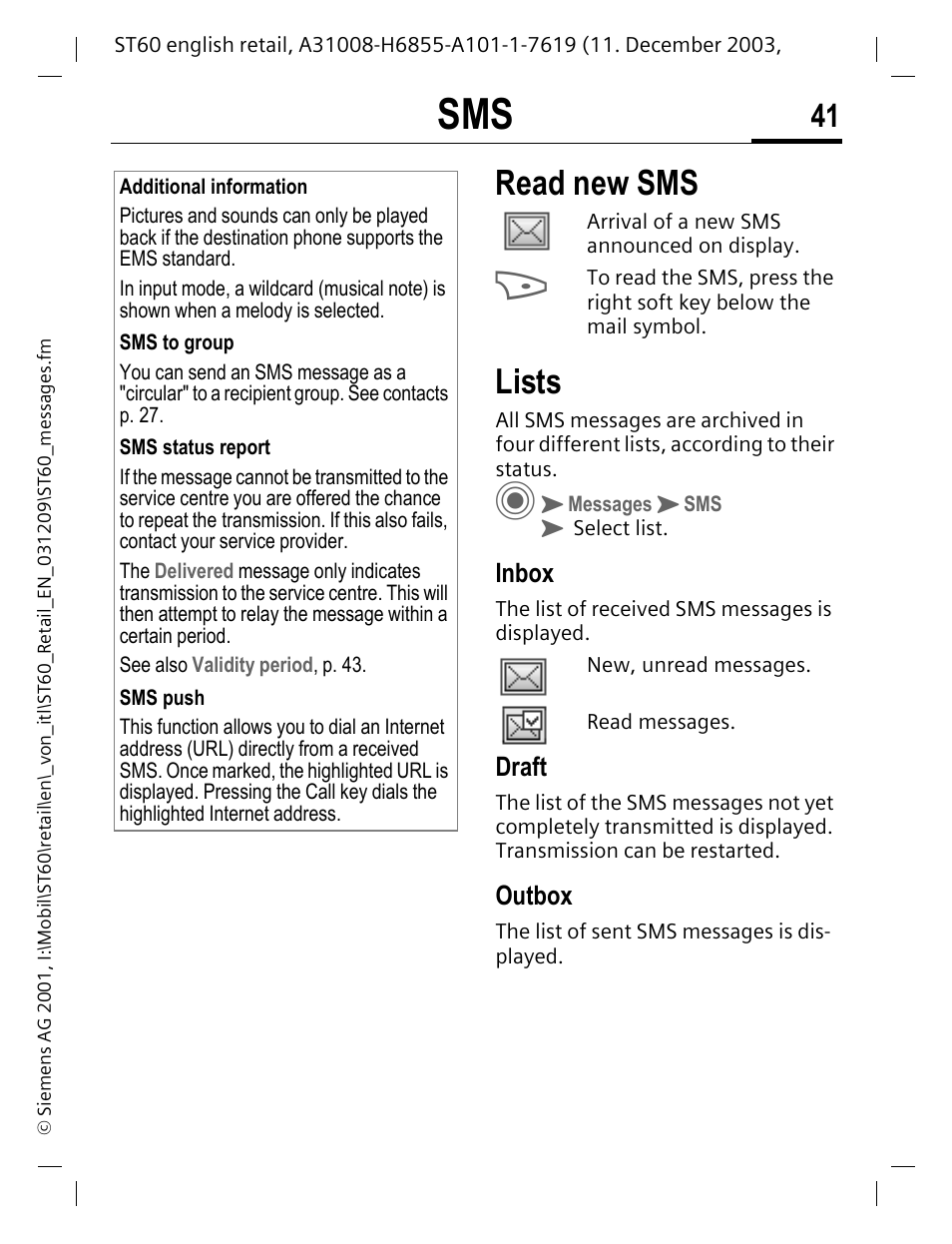 Read new sms, Lists, Inbox | Draft, Outbox, Read new sms lists | Siemens ST60 User Manual | Page 41 / 89