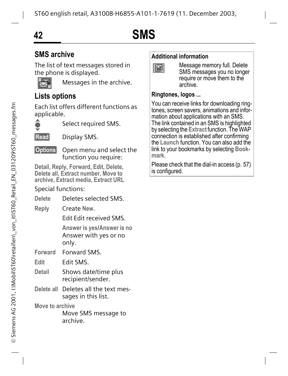 Sms archive, Lists options | Siemens ST60 User Manual | Page 42 / 89