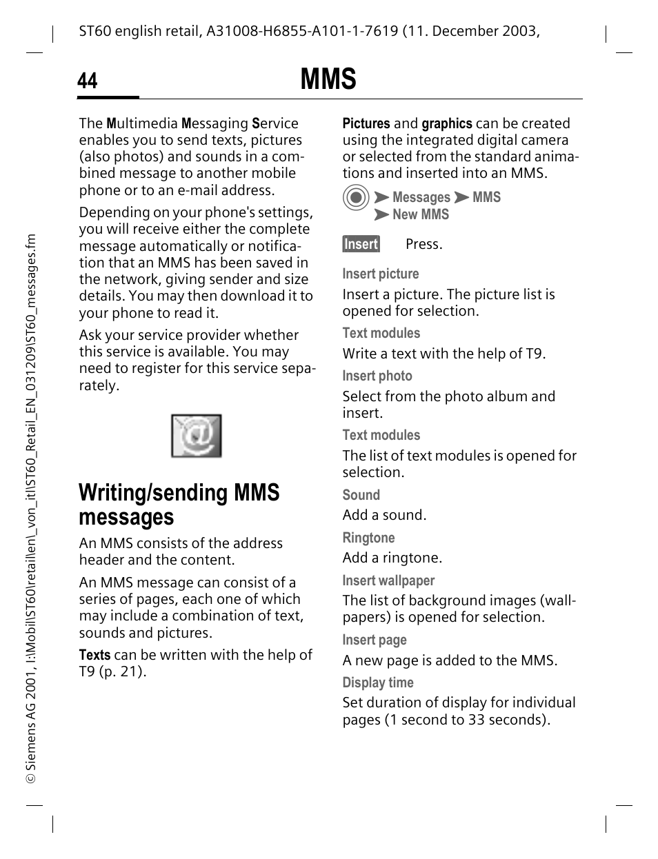 Writing/sending mms messages | Siemens ST60 User Manual | Page 44 / 89