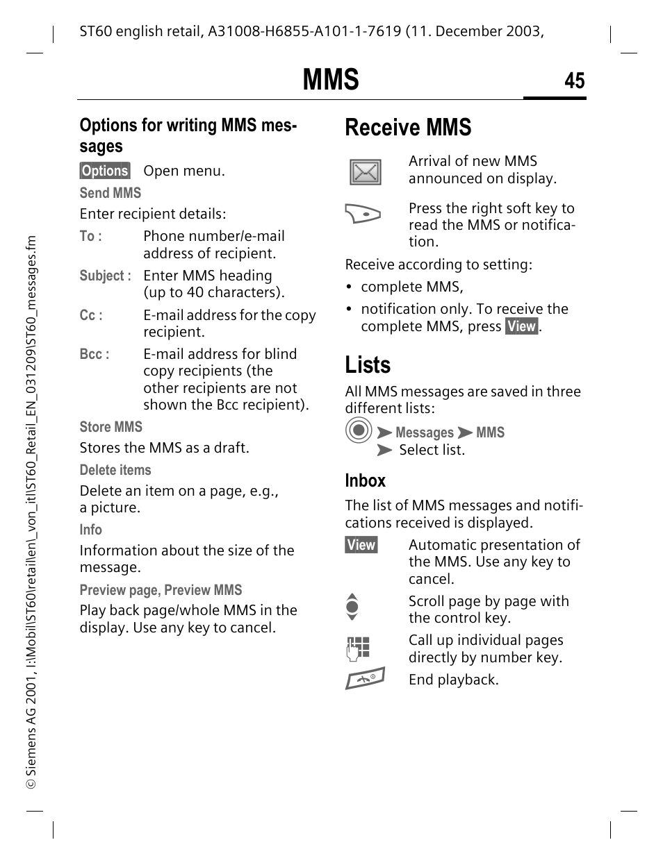 Options for writing mms messages, Receive mms, Lists | Inbox, Receive mms lists, Options for writing mms mes- sages | Siemens ST60 User Manual | Page 45 / 89