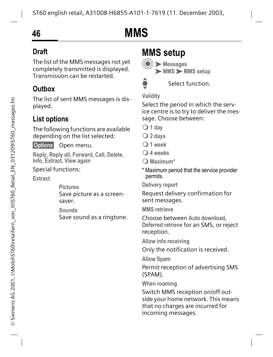 Draft, Outbox, List options | Mms setup | Siemens ST60 User Manual | Page 46 / 89