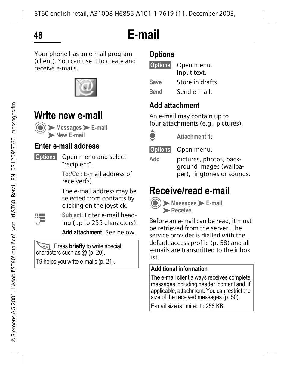 E-mail, Write new e-mail, Options | Add attachment, Receive/read e-mail, Enter e-mail address | Siemens ST60 User Manual | Page 48 / 89