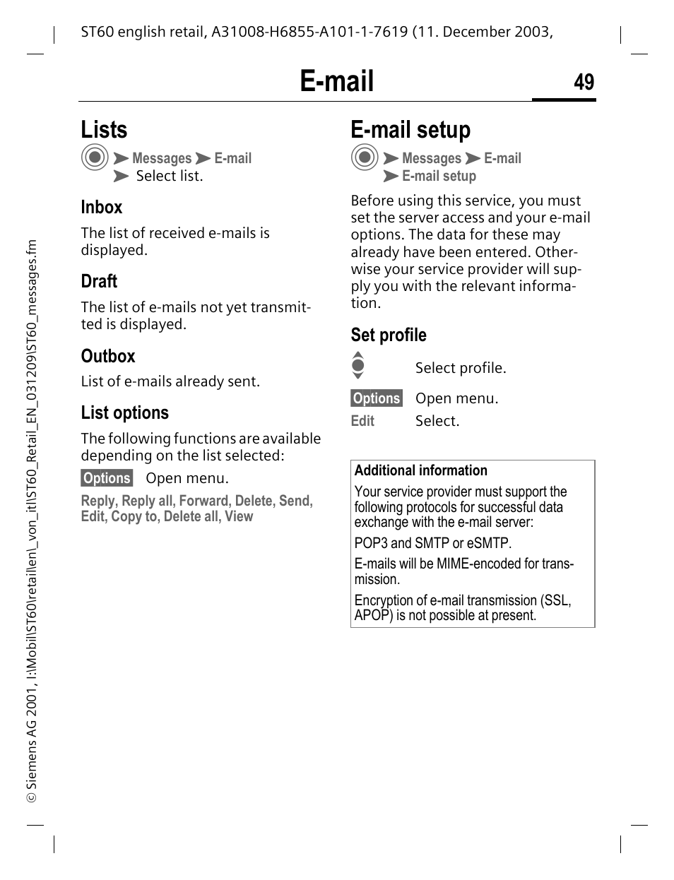 Inbox, Draft, Outbox | List options, E-mail setup, Set profile, E-mail, Lists | Siemens ST60 User Manual | Page 49 / 89