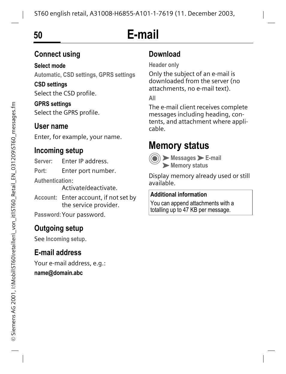 Connect using, User name, Incoming setup | Outgoing setup, E-mail address, Download, Ges (p. 50), E-mail | Siemens ST60 User Manual | Page 50 / 89