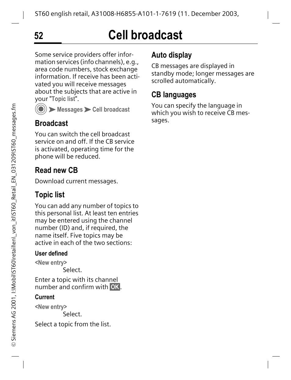 Cell broadcast, Broadcast, Read new cb | Topic list, Auto display, Cb languages | Siemens ST60 User Manual | Page 52 / 89