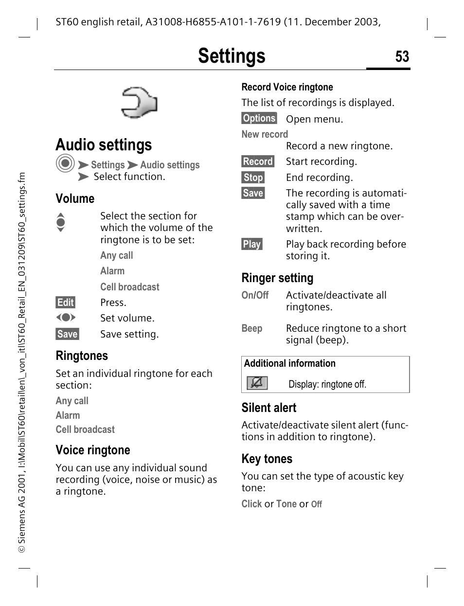 Settings, Audio settings, Volume | Ringtones, Voice ringtone, Ringer setting, Silent alert, Key tones, P. 53 | Siemens ST60 User Manual | Page 53 / 89