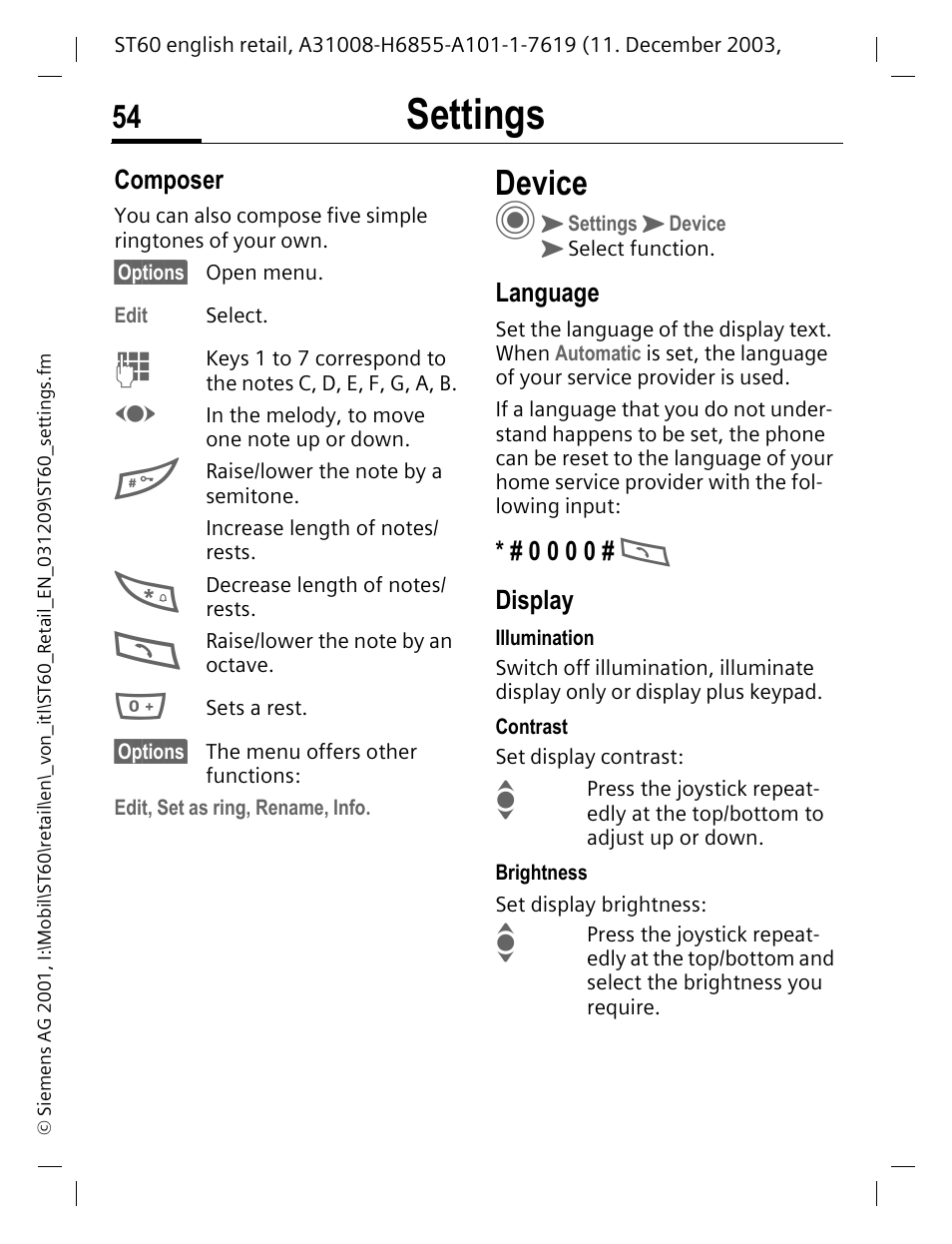 Composer, Device, Language | 0 0 0 0 # b, Display, Settings | Siemens ST60 User Manual | Page 54 / 89