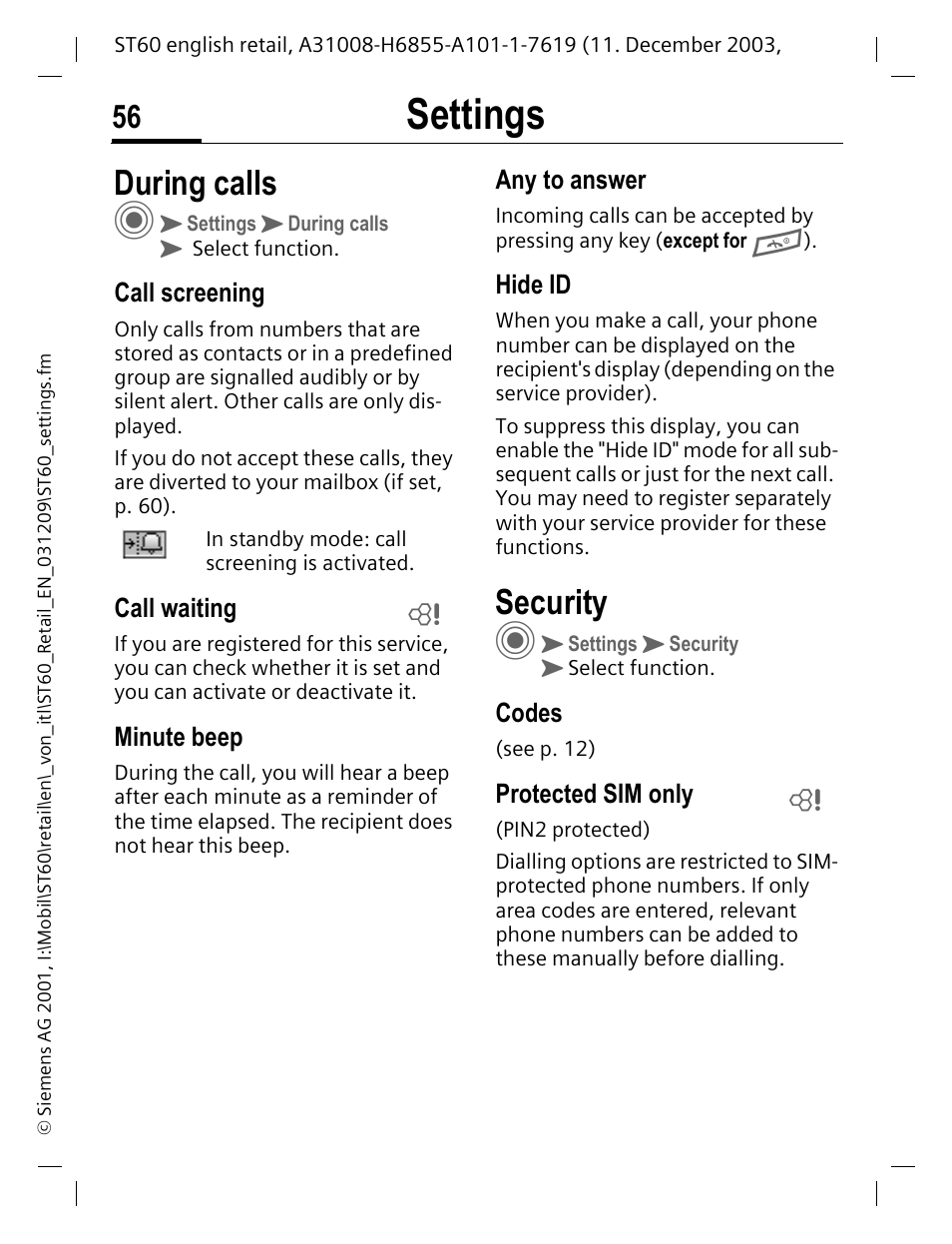 During calls, Call screening, Call waiting | Minute beep, Any to answer, Hide id, Security, Codes, Protected sim only, During calls security | Siemens ST60 User Manual | Page 56 / 89