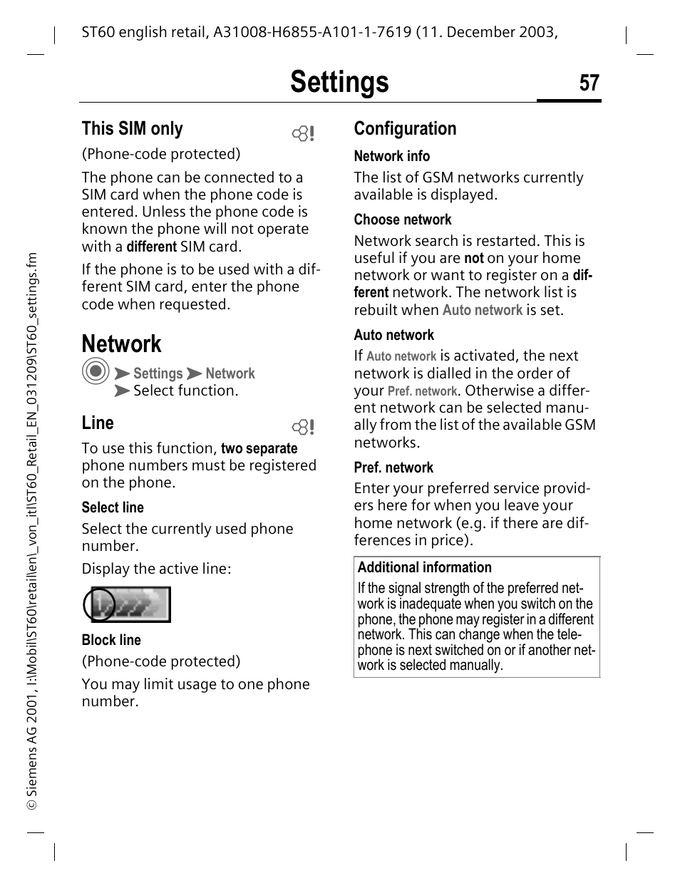 This sim only, Network, Line | Configuration, P. 57, P. 57), Settings | Siemens ST60 User Manual | Page 57 / 89