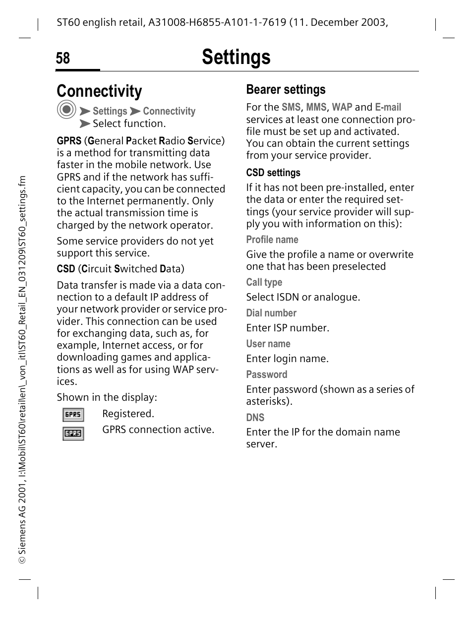 Connectivity, Bearer settings, E (p. 58) an | Settings | Siemens ST60 User Manual | Page 58 / 89