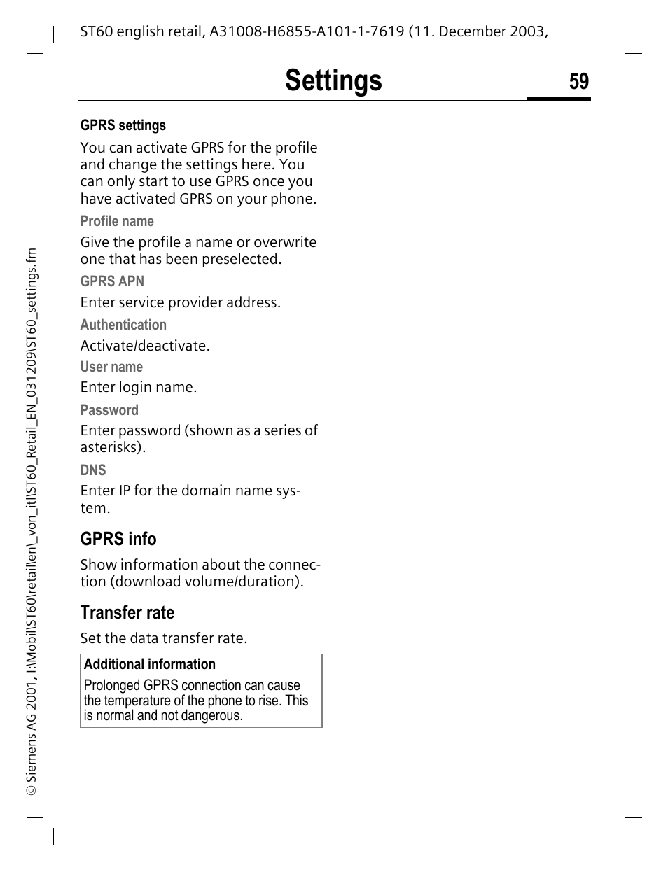 Gprs info, Transfer rate, Settings | Siemens ST60 User Manual | Page 59 / 89