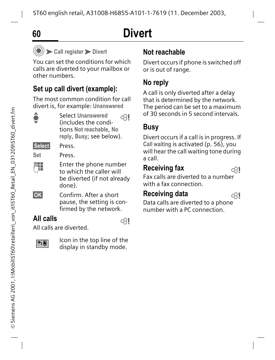 Divert, Set up call divert (example), Not reachable | No reply, Busy, P. 60), All calls, Receiving fax, Receiving data | Siemens ST60 User Manual | Page 60 / 89