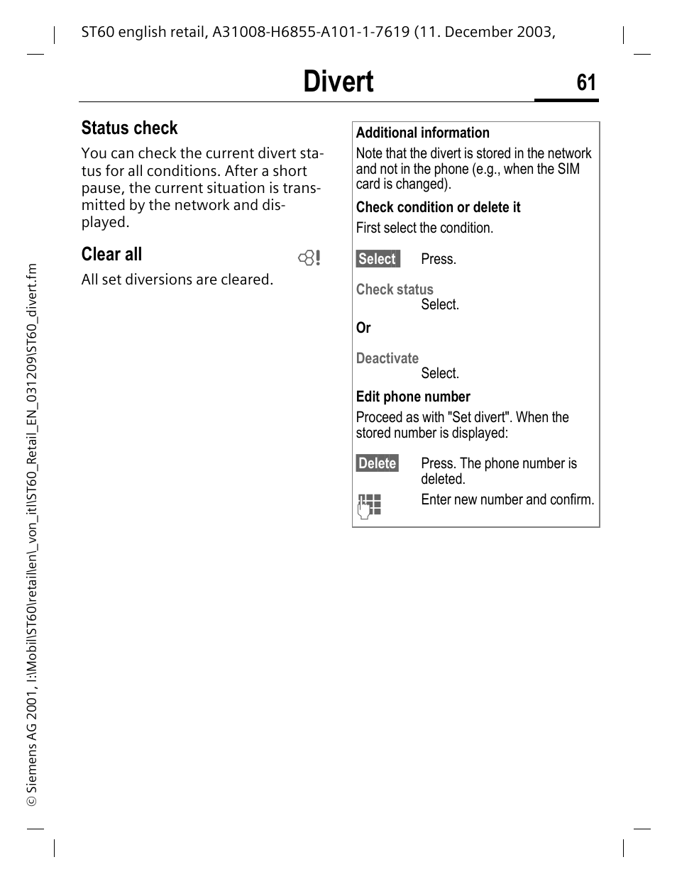 Status check, Clear all, Divert | Siemens ST60 User Manual | Page 61 / 89