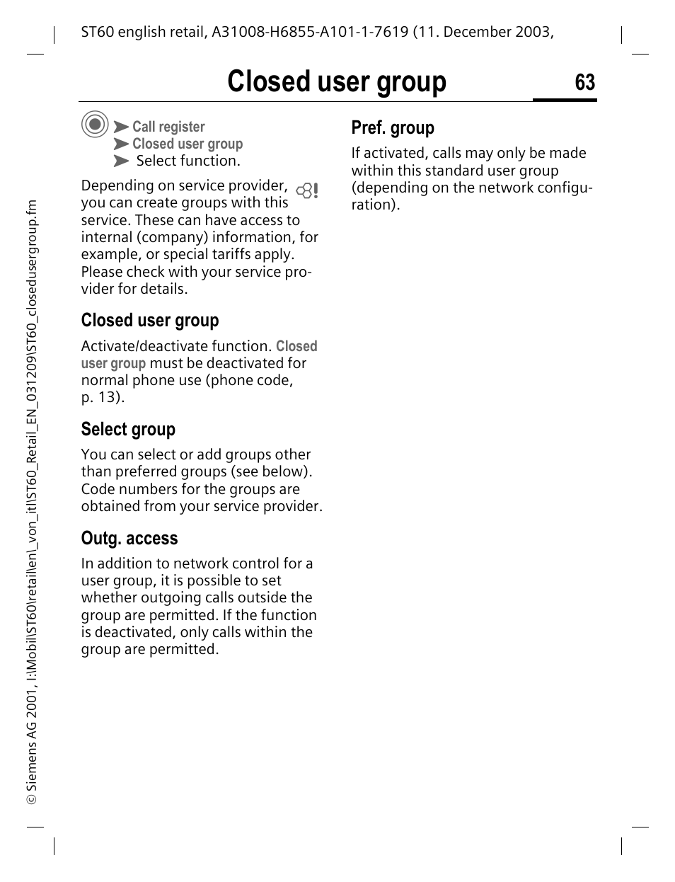 Closed user group, Select group, Outg. access | Pref. group | Siemens ST60 User Manual | Page 63 / 89