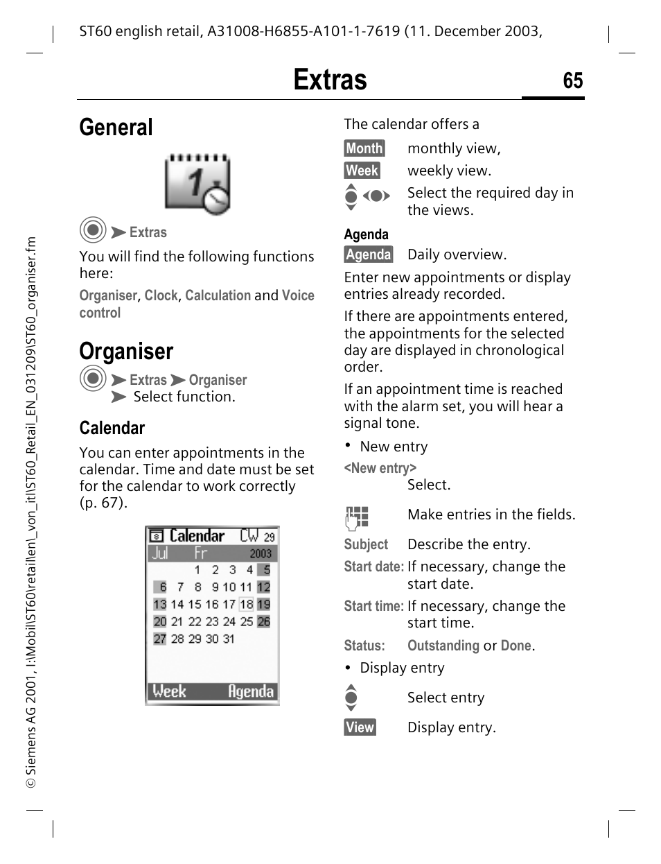 Extras, General, Organiser | Calendar, General organiser | Siemens ST60 User Manual | Page 65 / 89