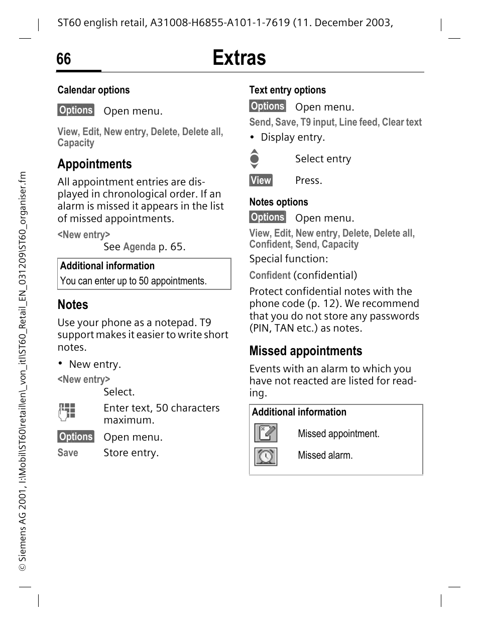 Appointments, Notes, Missed appointments | Extras | Siemens ST60 User Manual | Page 66 / 89