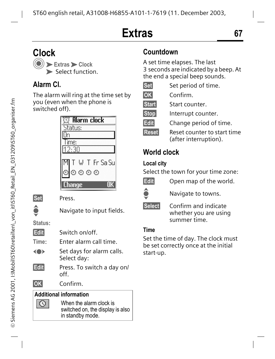 Clock, Alarm cl, Countdown | World clock, Extras | Siemens ST60 User Manual | Page 67 / 89