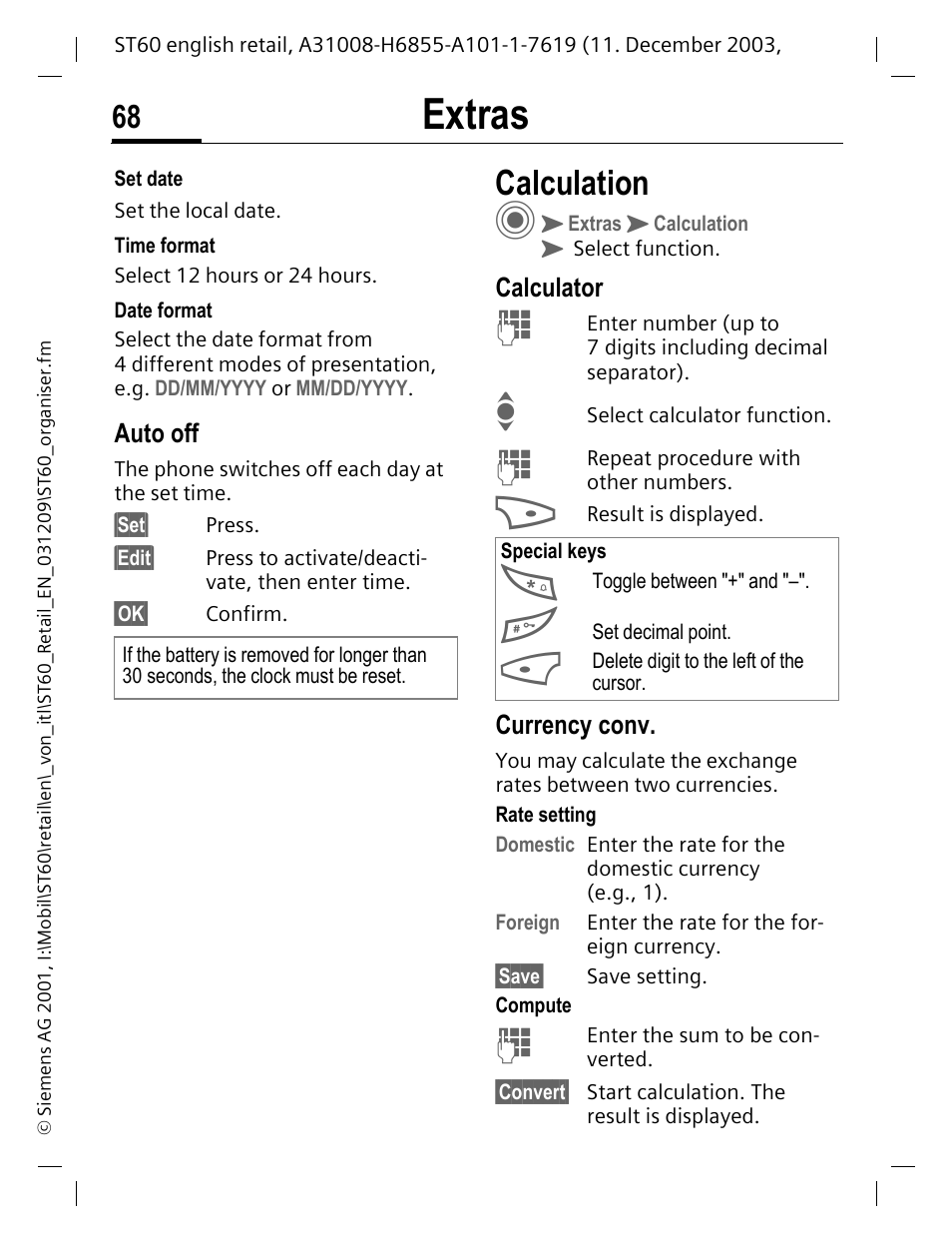 Auto off, Calculation, Calculator | Currency conv, Extras | Siemens ST60 User Manual | Page 68 / 89