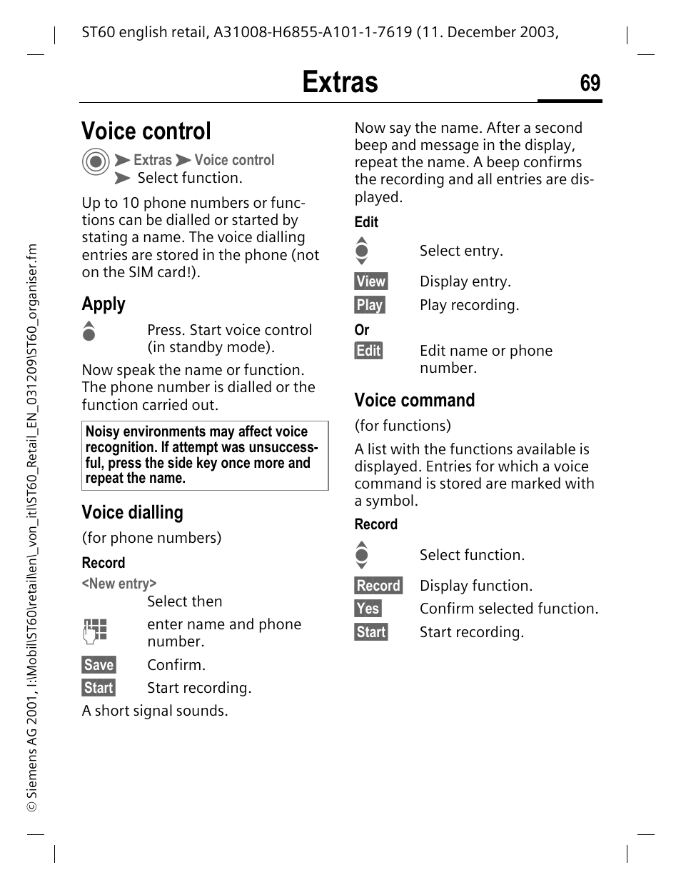 Voice control, Apply, Voice dialling | Voice command, P. 69, P. 69), Extras | Siemens ST60 User Manual | Page 69 / 89