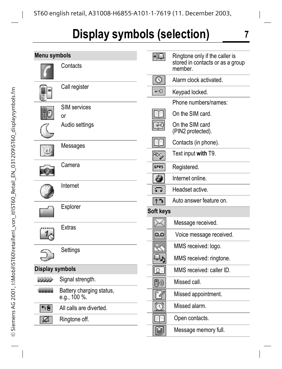 Display symbols (selection) | Siemens ST60 User Manual | Page 7 / 89