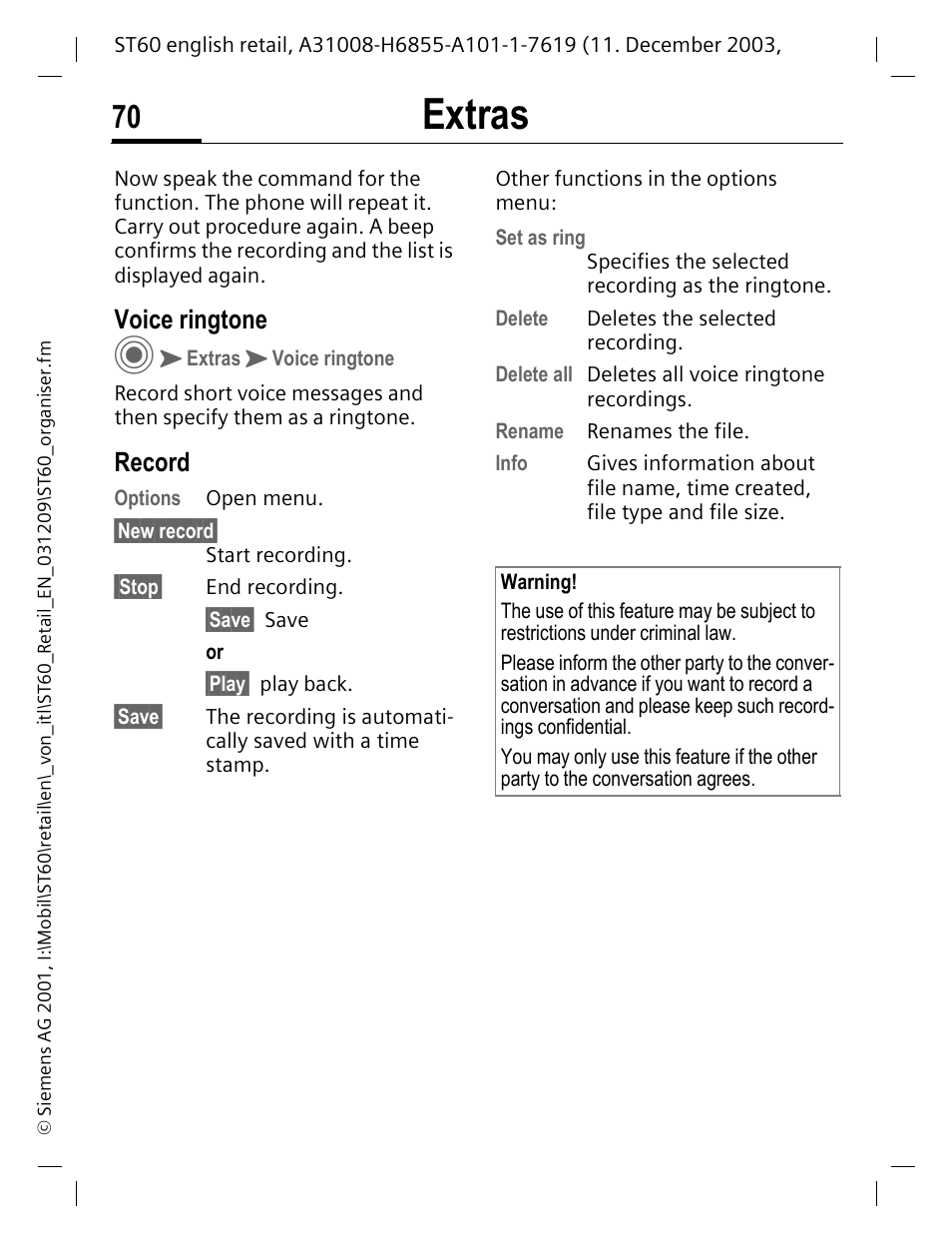 Voice ringtone, Record, Extras | Siemens ST60 User Manual | Page 70 / 89