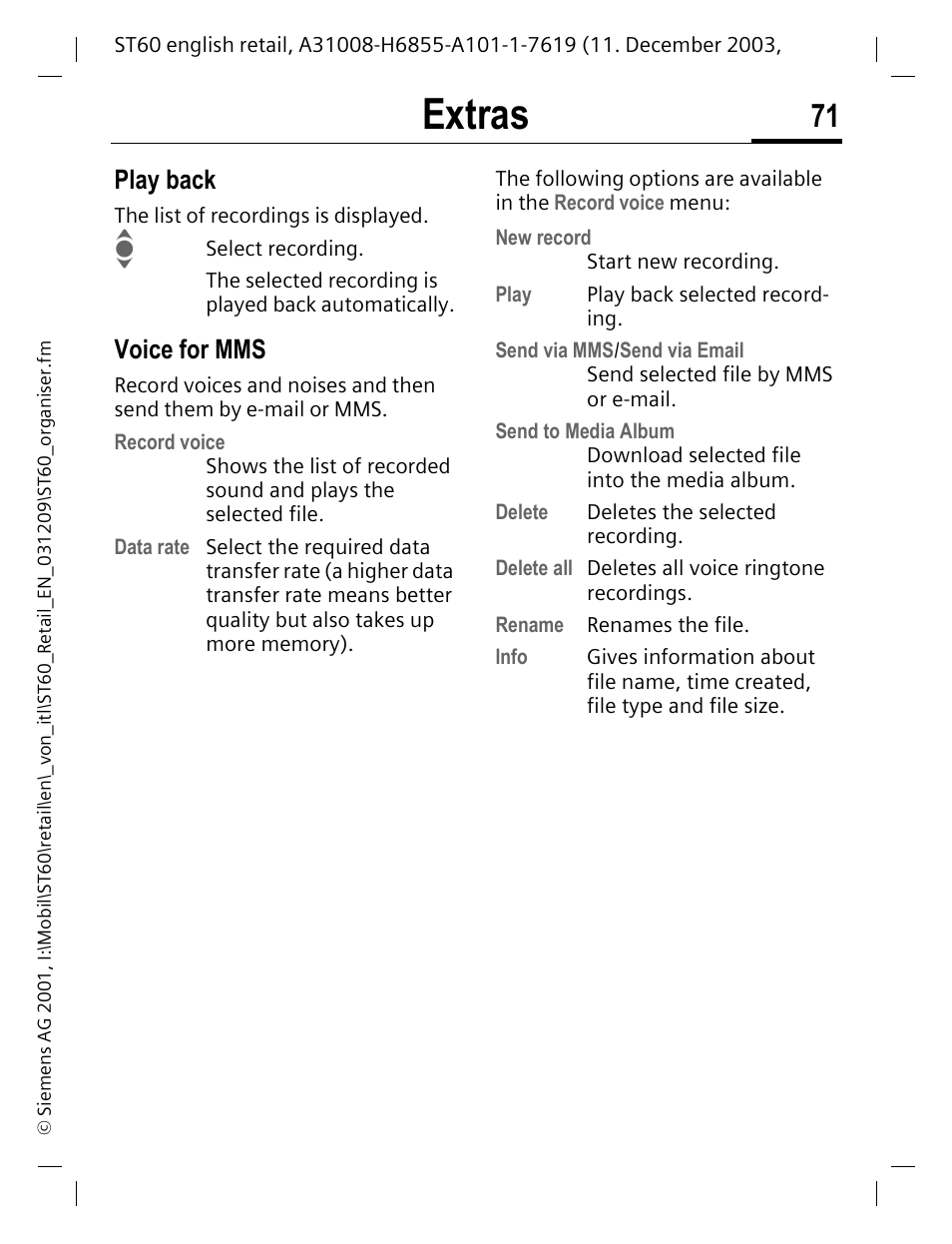 Play back, Voice for mms, Extras | Siemens ST60 User Manual | Page 71 / 89