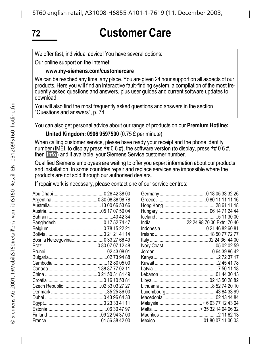 Customer care, E (p. 72) | Siemens ST60 User Manual | Page 72 / 89