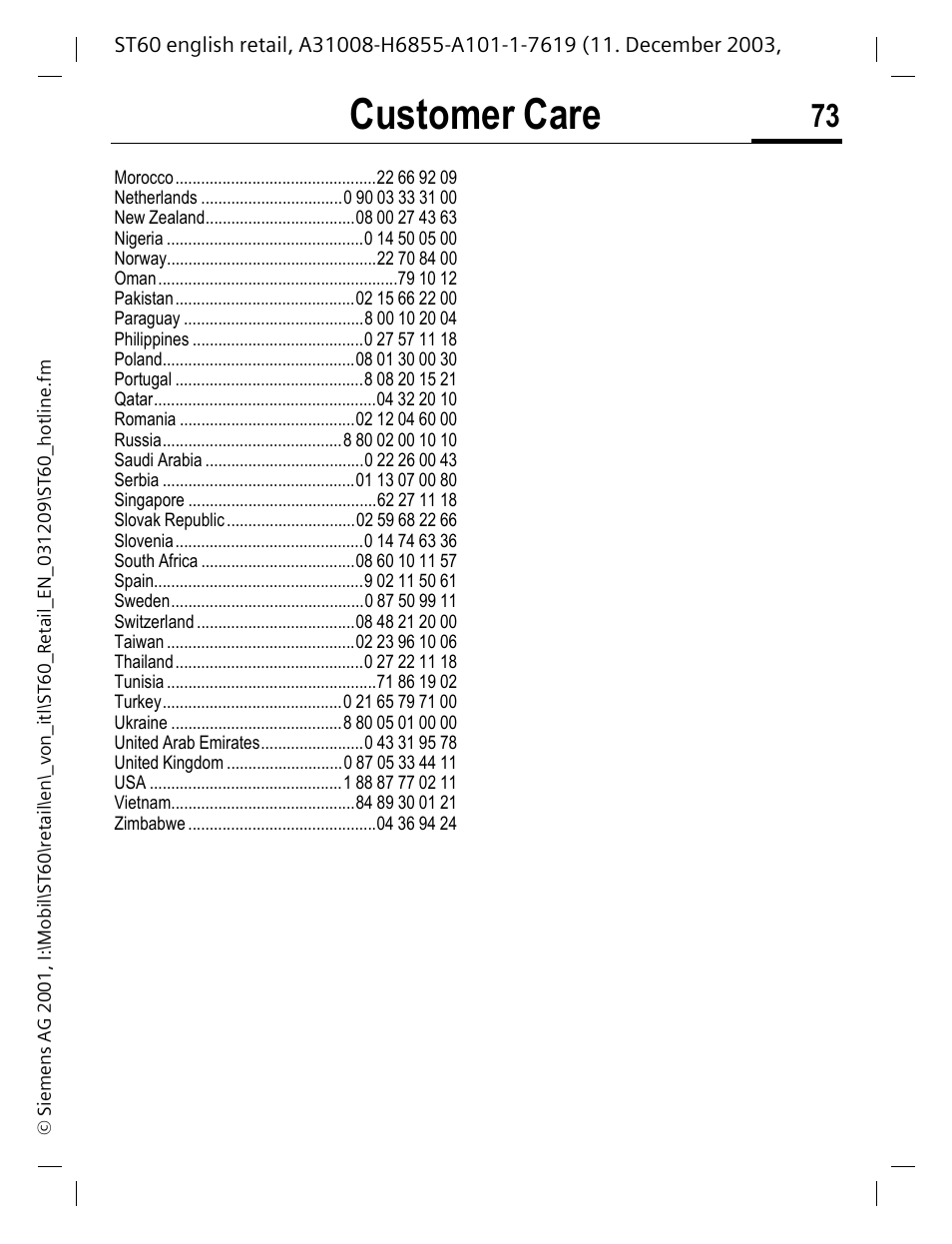 Customer care | Siemens ST60 User Manual | Page 73 / 89