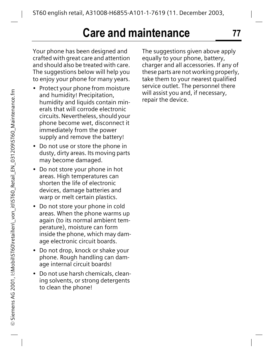 Care and maintenance | Siemens ST60 User Manual | Page 77 / 89