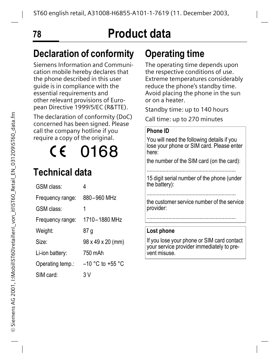 Product data, Declaration of conformity, Technical data operating time | Siemens ST60 User Manual | Page 78 / 89