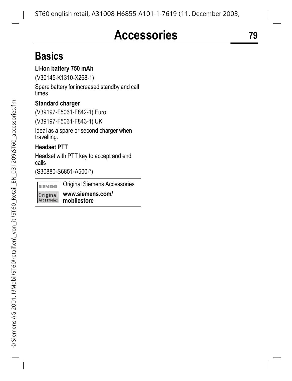 Accessories, Basics | Siemens ST60 User Manual | Page 79 / 89