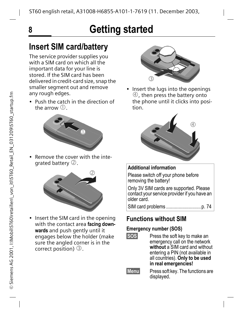 Getting started, Insert sim card/battery, Functions without sim | Siemens ST60 User Manual | Page 8 / 89